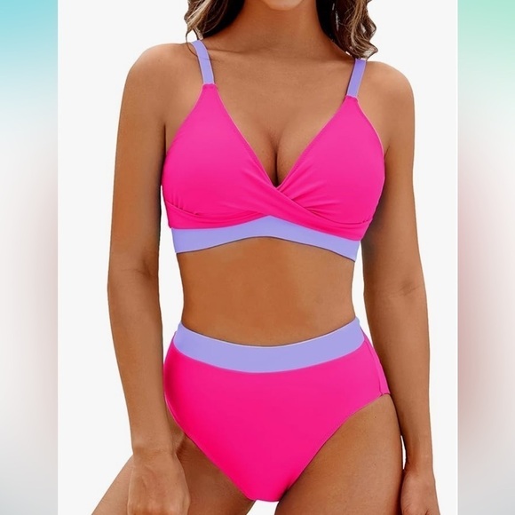 NWT High Waisted Bikini Sets V Neck Two Piece Swimsuit Color Block Twist Front - Picture 1 of 5